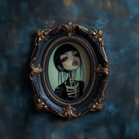 8.5x11 Goth Girl Skeleton Art Print | Surreal Dark Doll Portrait with Black Hair - Picture 4 of 5